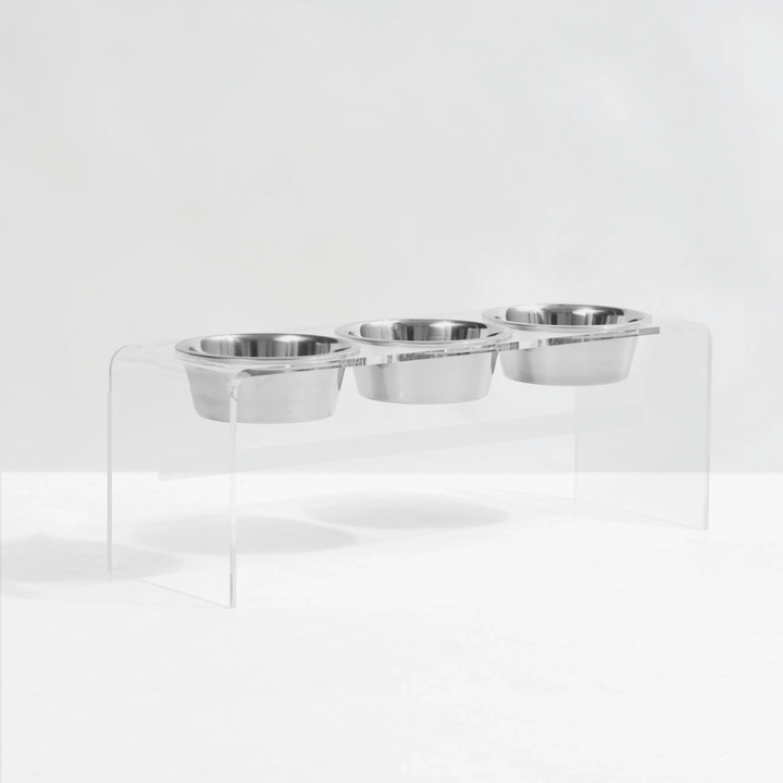 Hiddin Clear Acrylic Triple Feeder with Silver Bowls – 12 in High