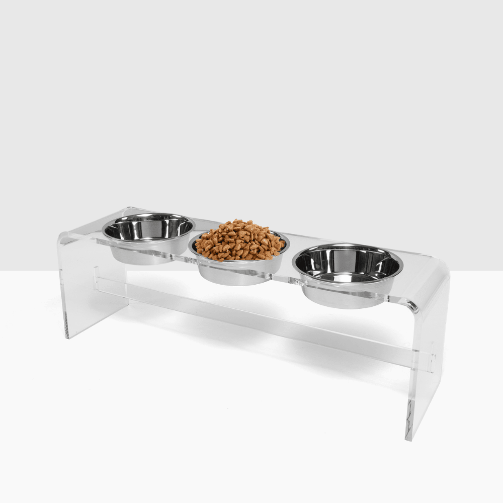 Hiddin Clear Acrylic Triple Feeder with Silver Bowls – 12 in High