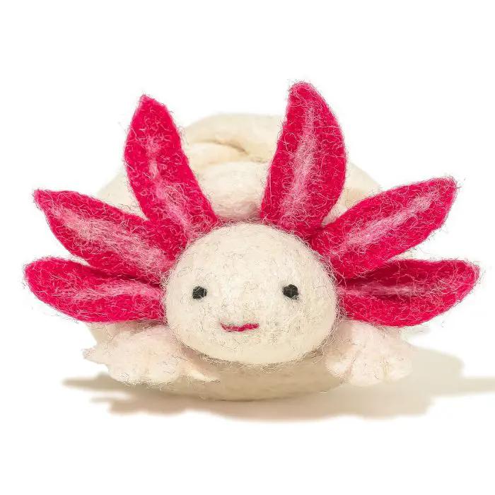 A Little Lotl axolotl wool cat toy with cream body and pink felt gills