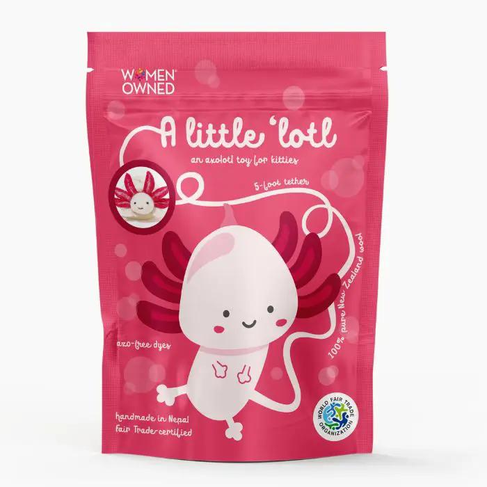 A Little Lotl axolotl wool cat toy in pink packaging by Cat in the Box LLC