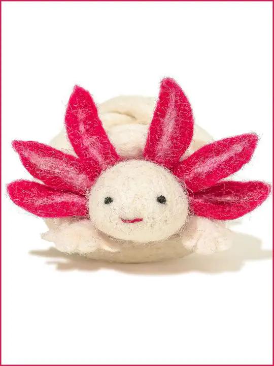 A Little Lotl axolotl wool cat toy, cream body with pink felt frills, Cat in the Box LLC.