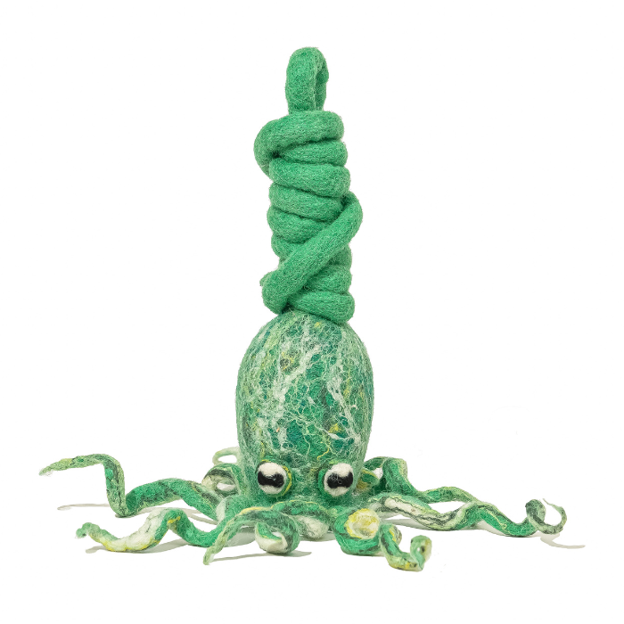 Ink Floyd wool octopus cat toy with green tentacles and a marbled body.