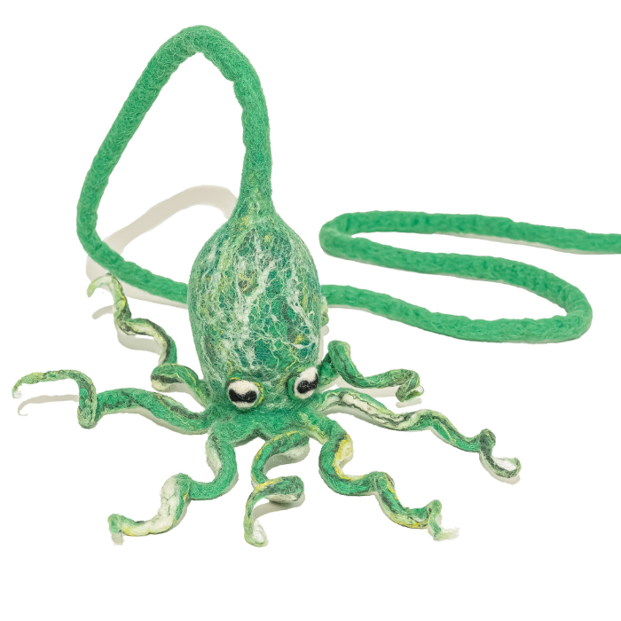 Ink Floyd wool octopus cat toy in bright green yarn with looping tentacles, by Cat in the Box LLC.