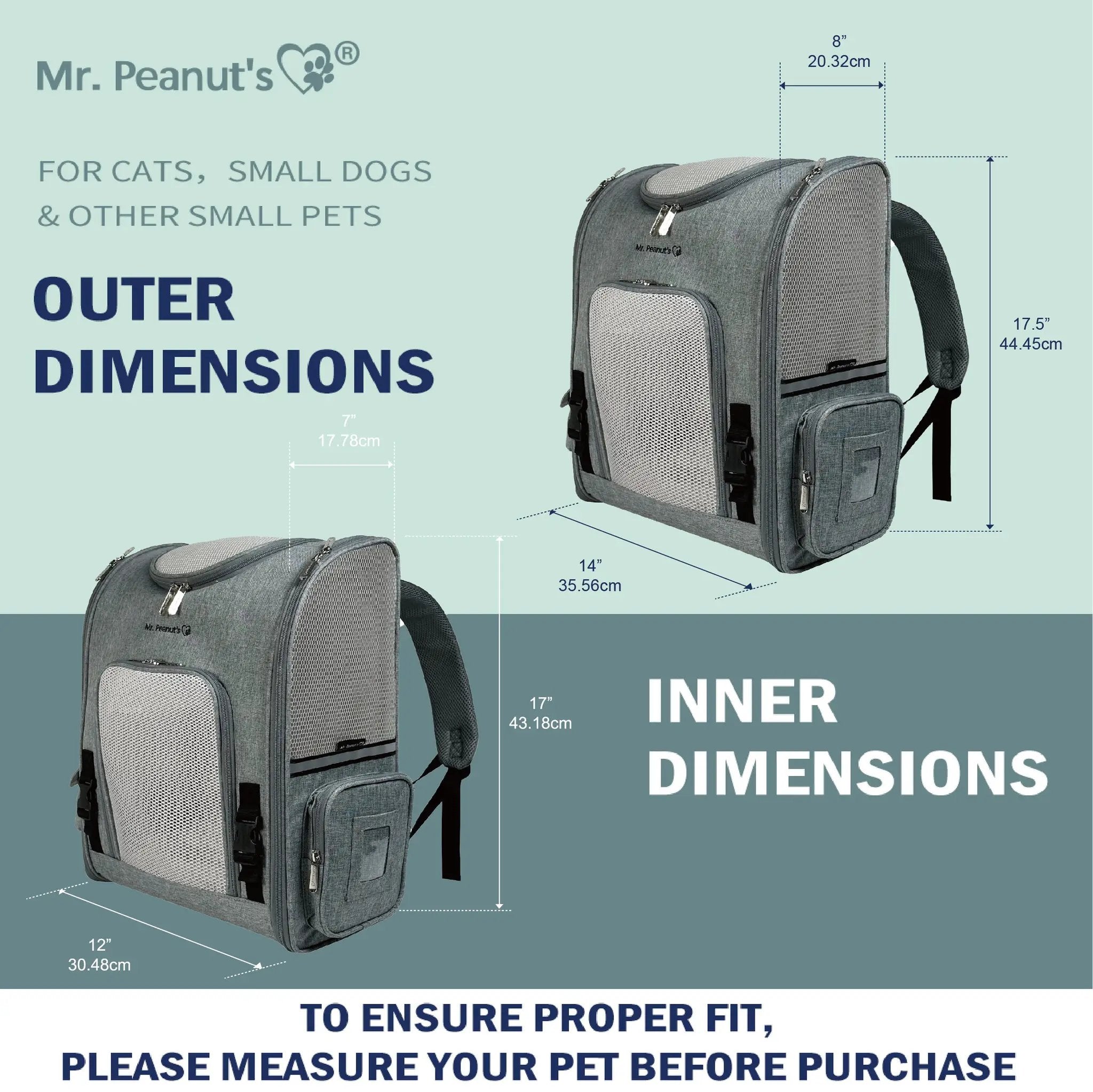 Mr. Peanut's Aspen Series airline-compliant backpack pet carrier; grey fabric with mesh panels, two units shown.