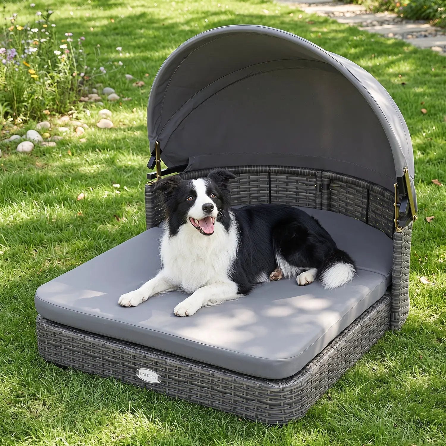 Wicker dog house with adjustable canopy and cushions by DirectDeals in gray
