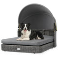 Bild in Galerie-Betrachter laden, Wicker dog house with adjustable canopy and cushions; gray wicker, PatioJoy.
