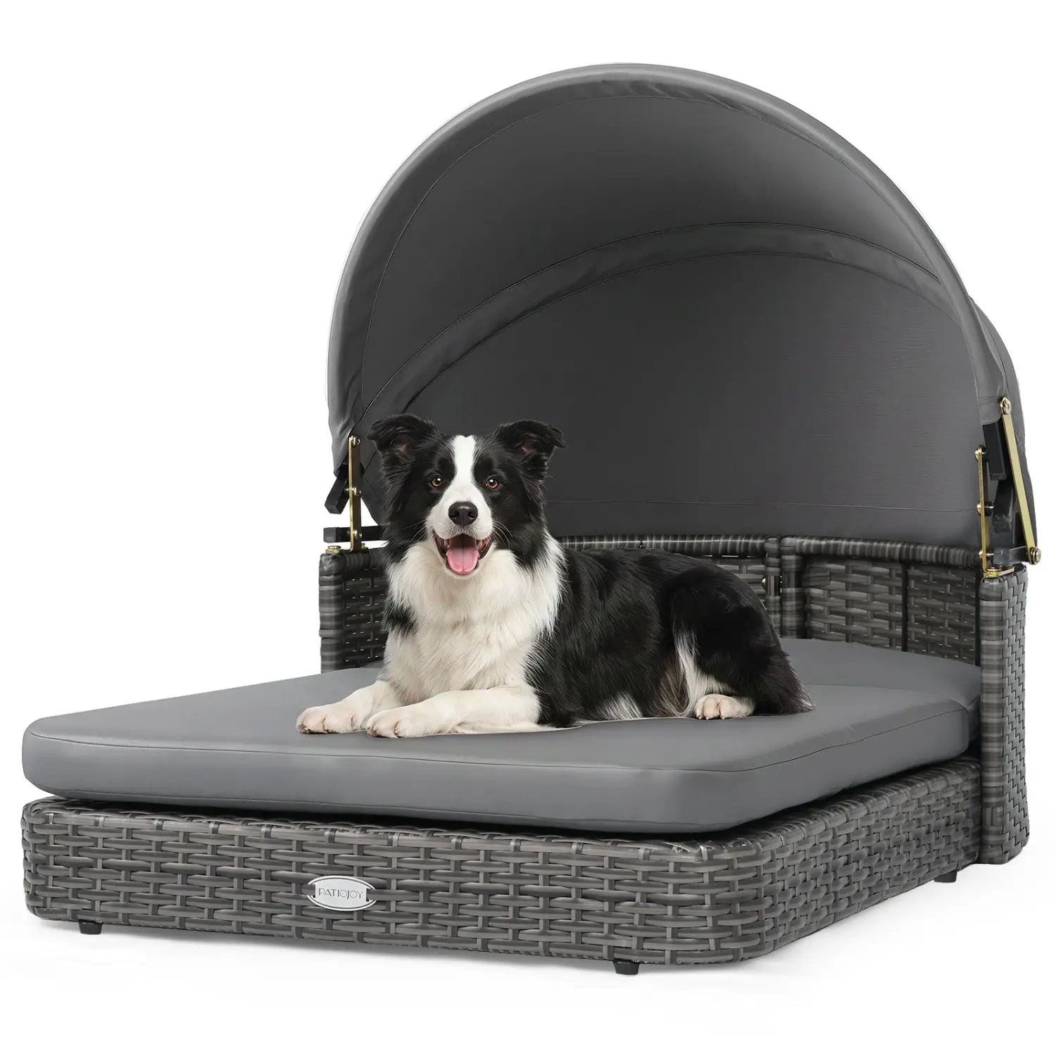 Wicker dog house with adjustable canopy and cushions; gray wicker, PatioJoy.
