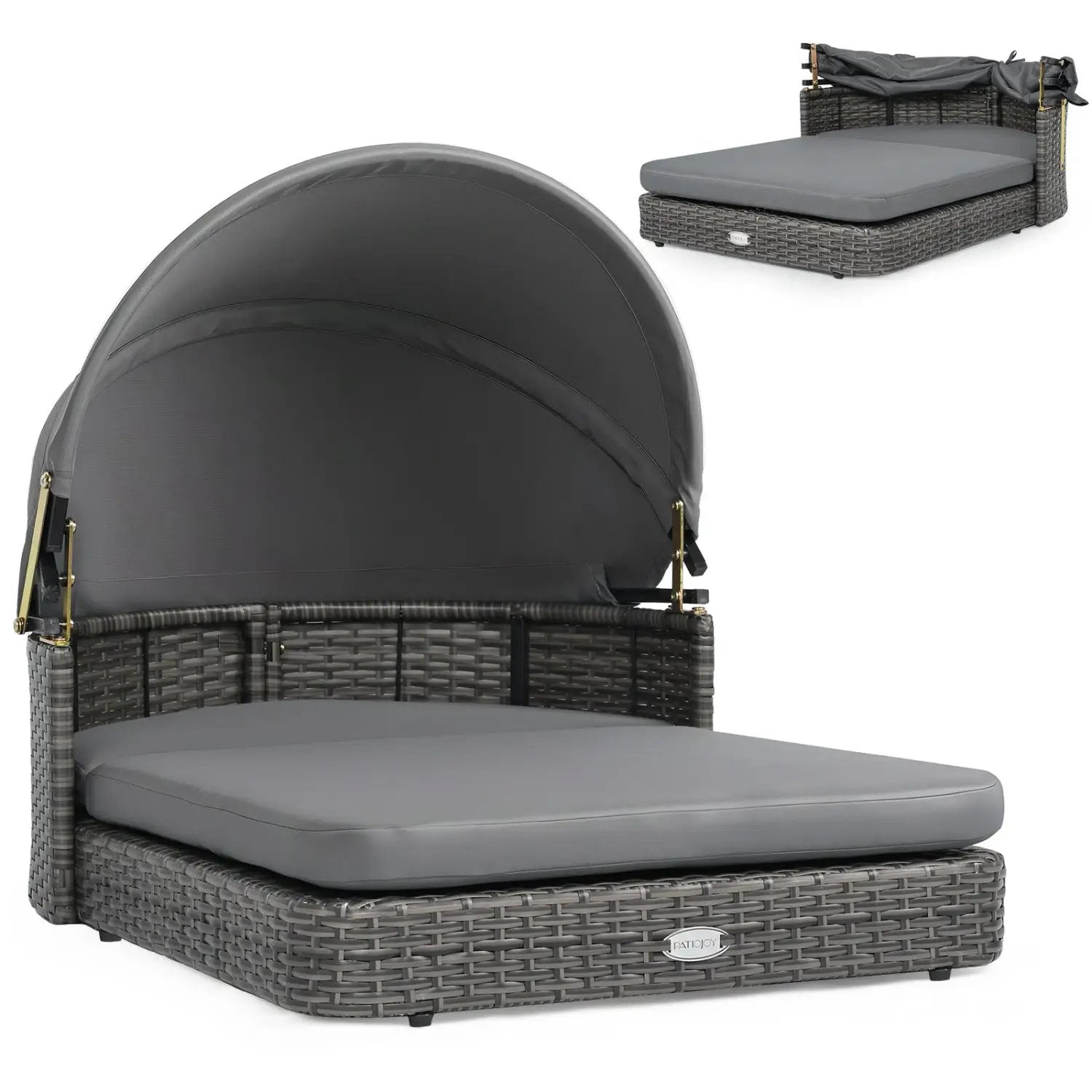 Wicker dog house with adjustable canopy and gray cushions by DirectDeals; PatioJoy logo visible.