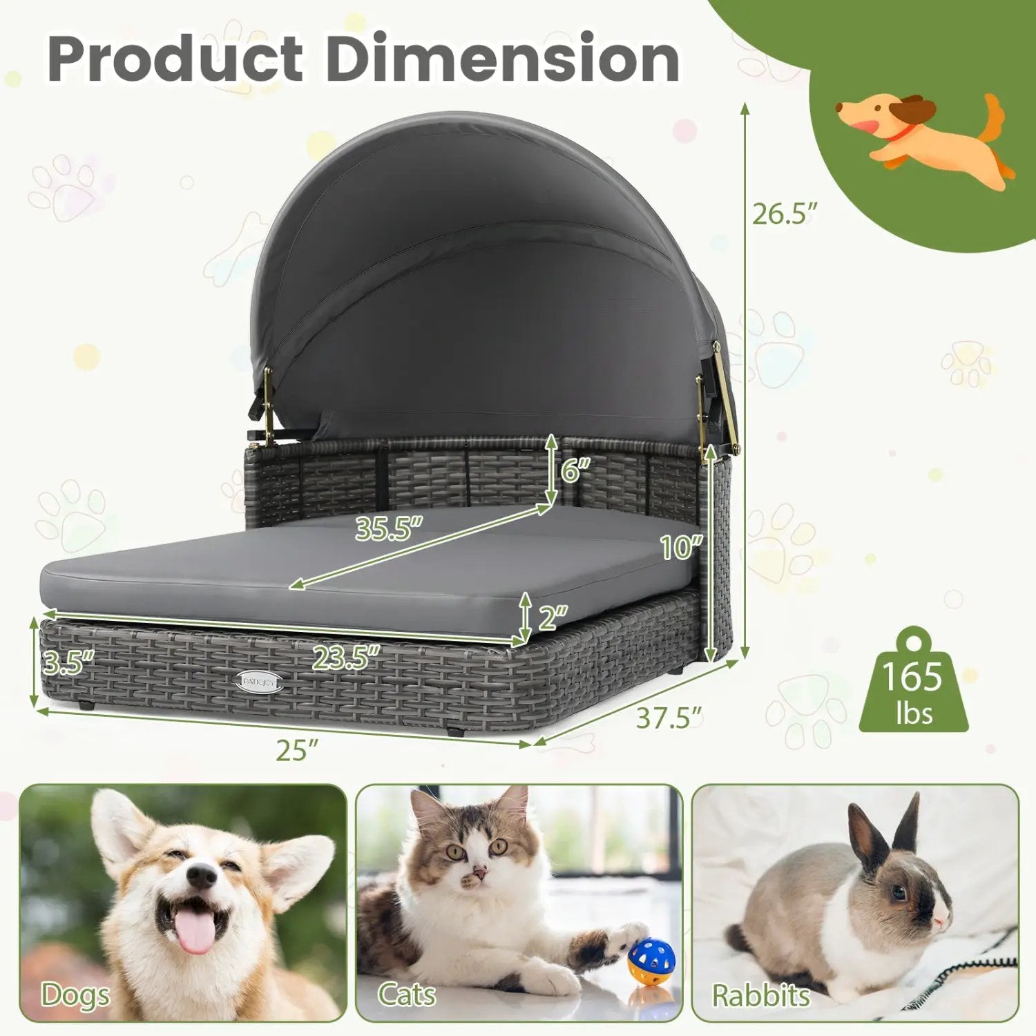 Wicker dog house with adjustable gray canopy and cushioned bed by DirectDeals