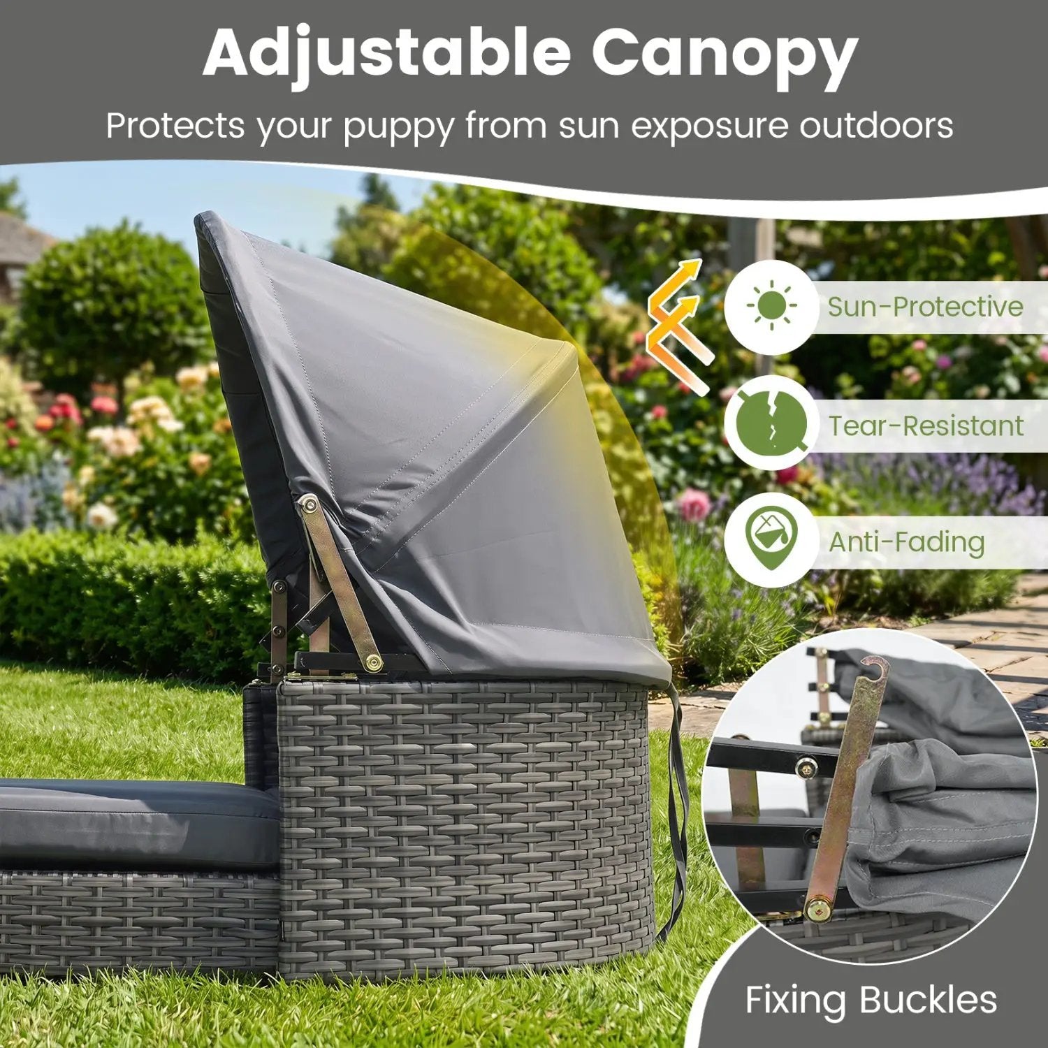 DirectDeals Wicker Dog House with Adjustable Gray Canopy and Cushions