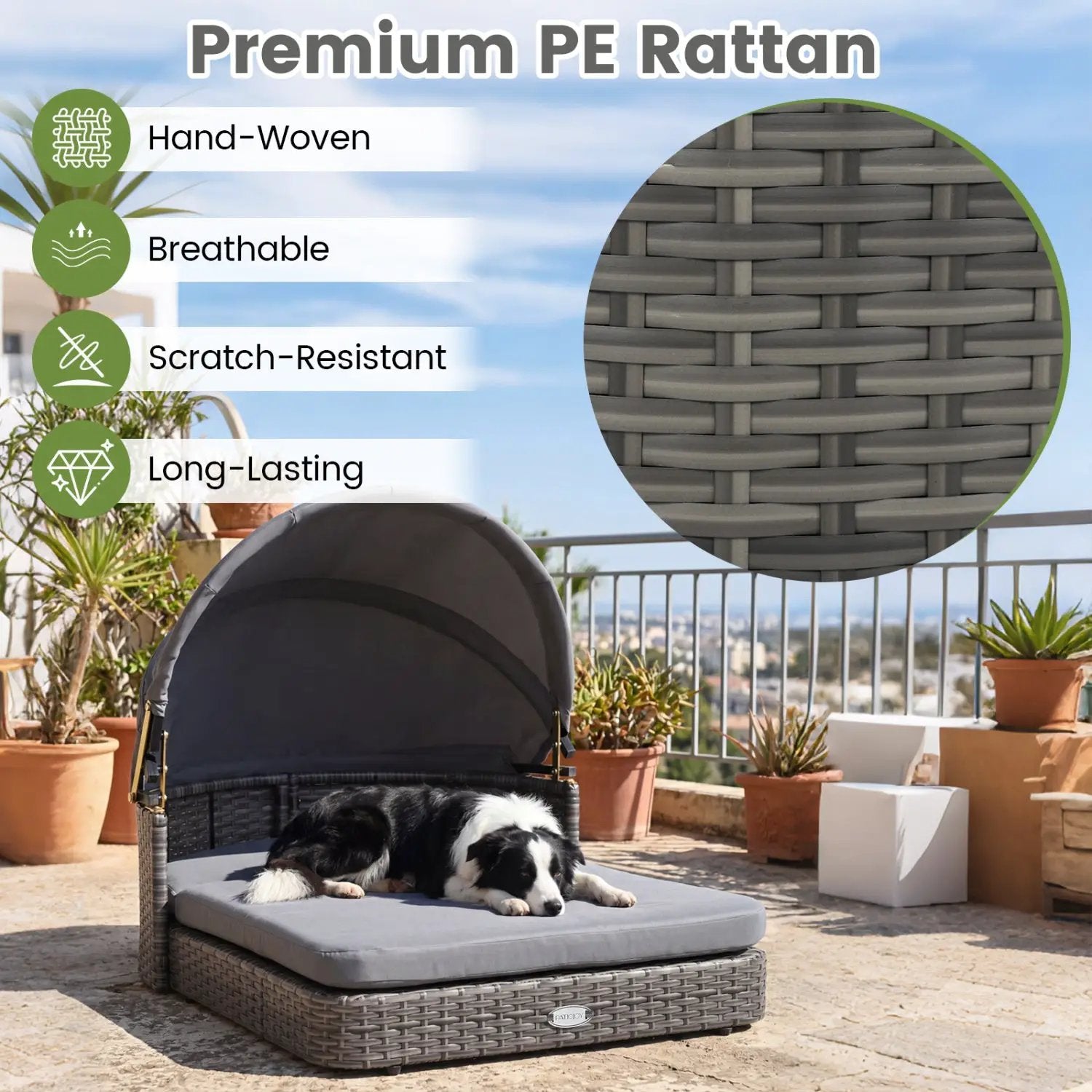 Wicker Dog House with Adjustable Canopy & Cushions, grey PE rattan on an outdoor patio.