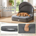 Bild in Galerie-Betrachter laden, Wicker Dog House with Adjustable Canopy & Cushions by DirectDeals; grey cushions, dog sleeping inside.
