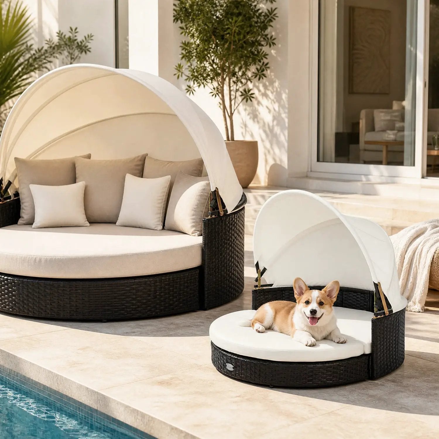 Wicker Dog House with Retractable Canopy & Cushion by DirectDeals, beige cushions on outdoor wicker lounge by a pool.