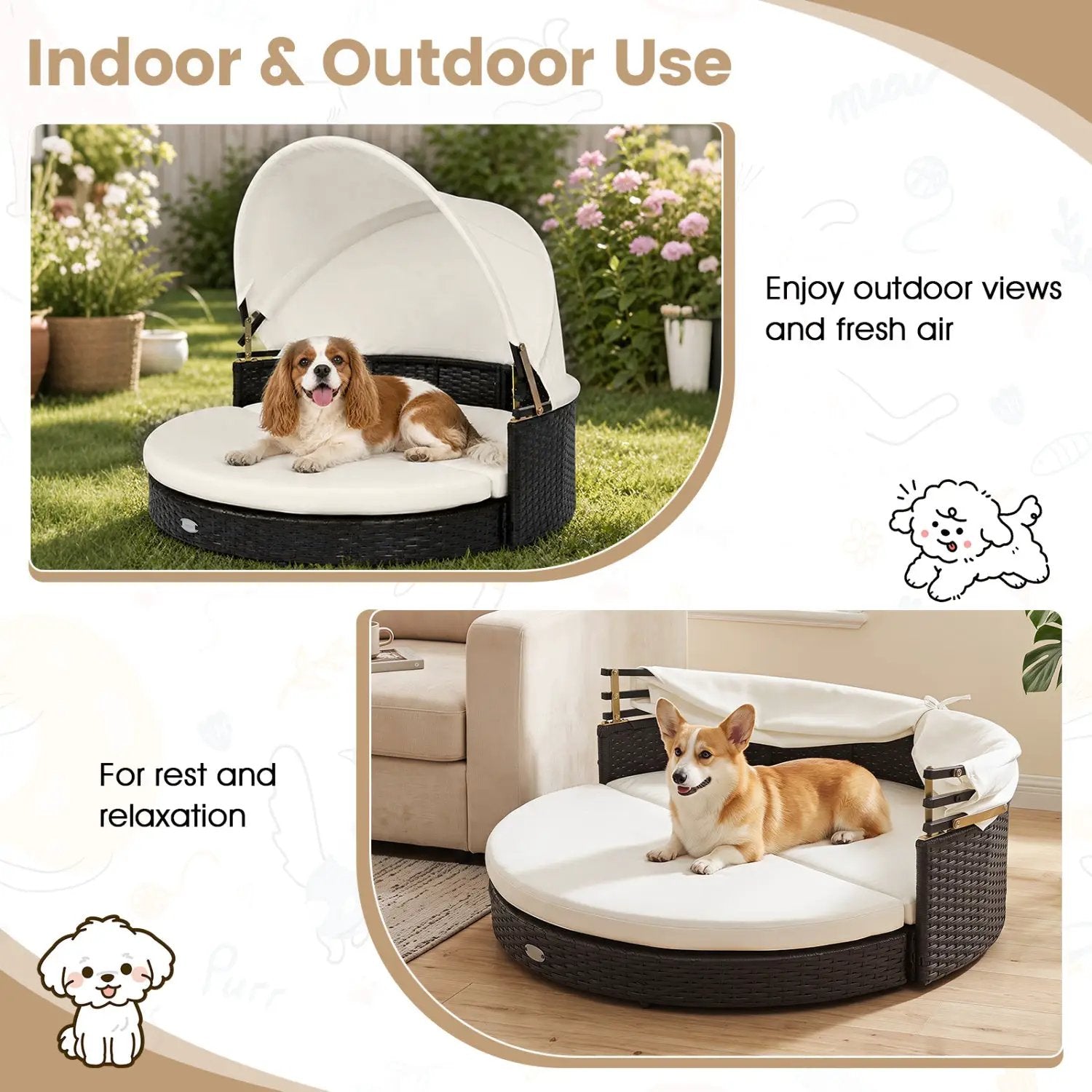 Wicker dog house with retractable canopy and cushioned bed by DirectDeals for indoor/outdoor use