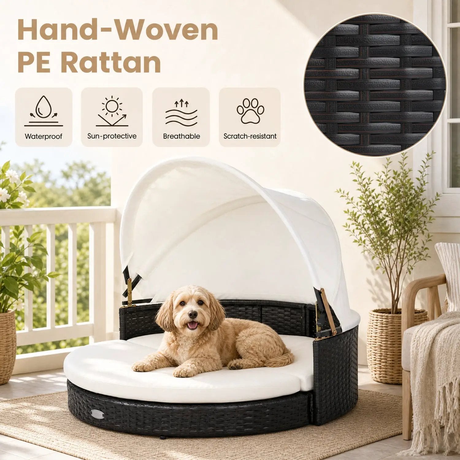 Wicker Dog House with Retractable Canopy & Cushion by DirectDeals; black PE wicker with white canopy and cushion.