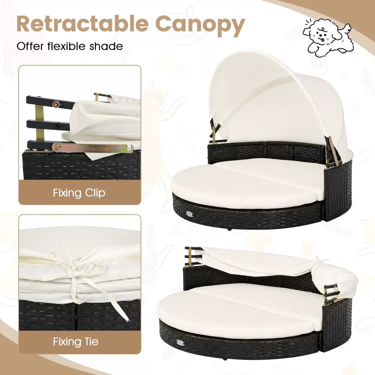 DirectDeals Wicker Dog House with Retractable Canopy and White Cushion in black wicker