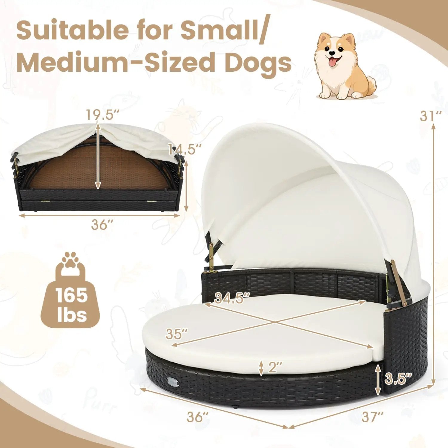 Wicker Dog House with Retractable Canopy and Cushion; white canopy over dark wicker base.