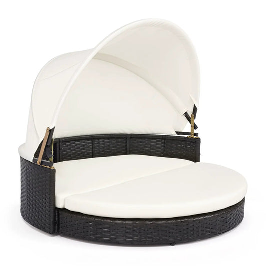 Wicker dog house by DirectDeals with retractable canopy and cushion, cream color.