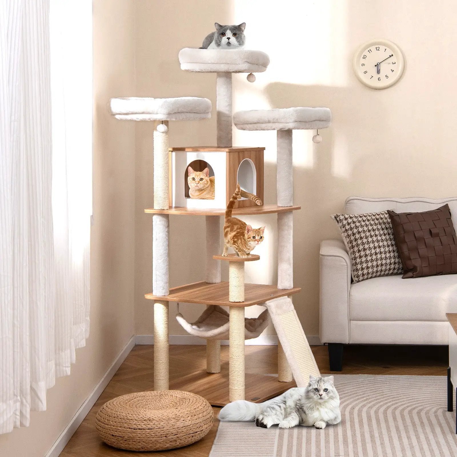 68-Inch tall DirectDeals cat tree with 3 padded perches, condo, and sisal posts in natural beige.