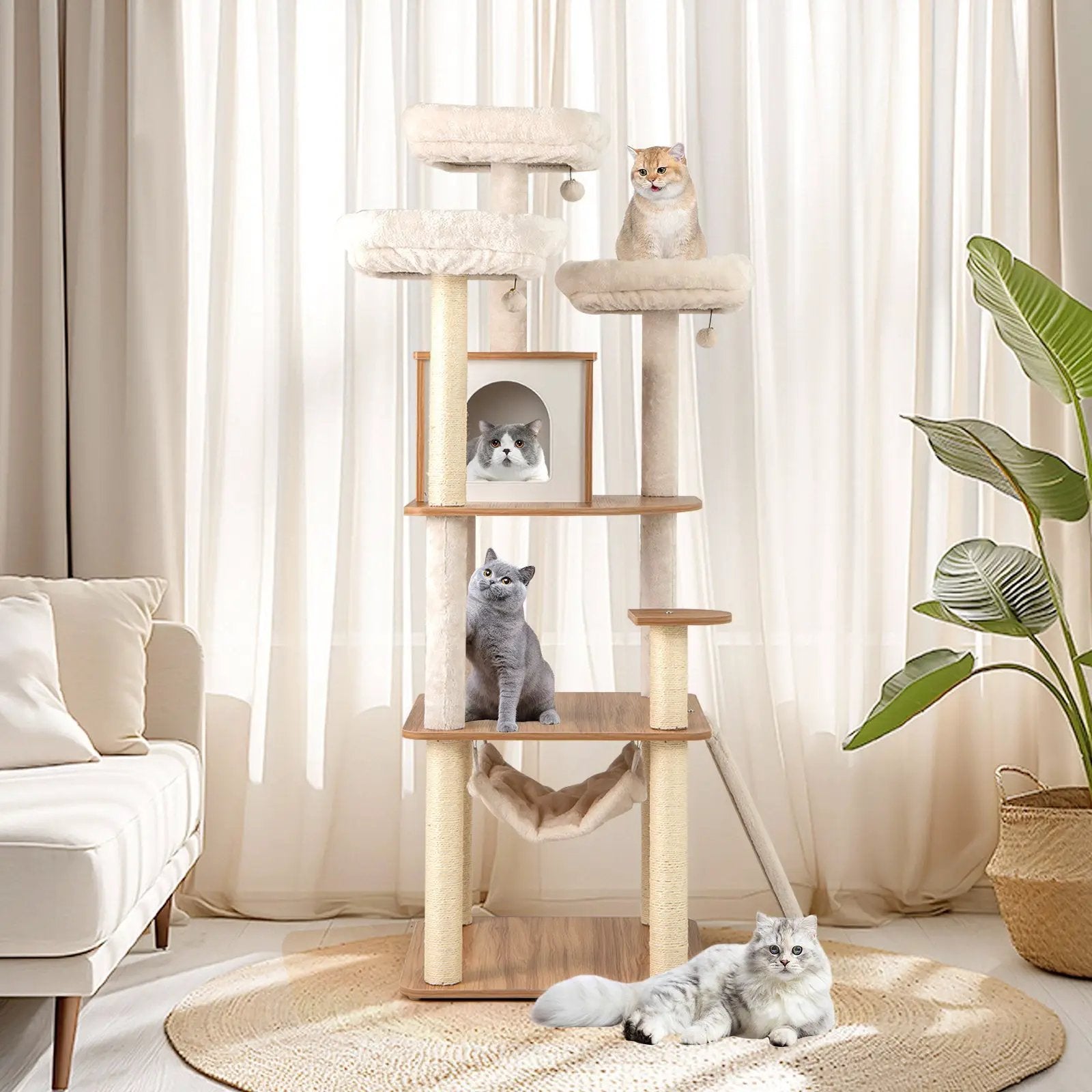 68-Inch tall cat tree with 3 padded perches, condo, and sisal posts in natural color, shown with 4 cats.