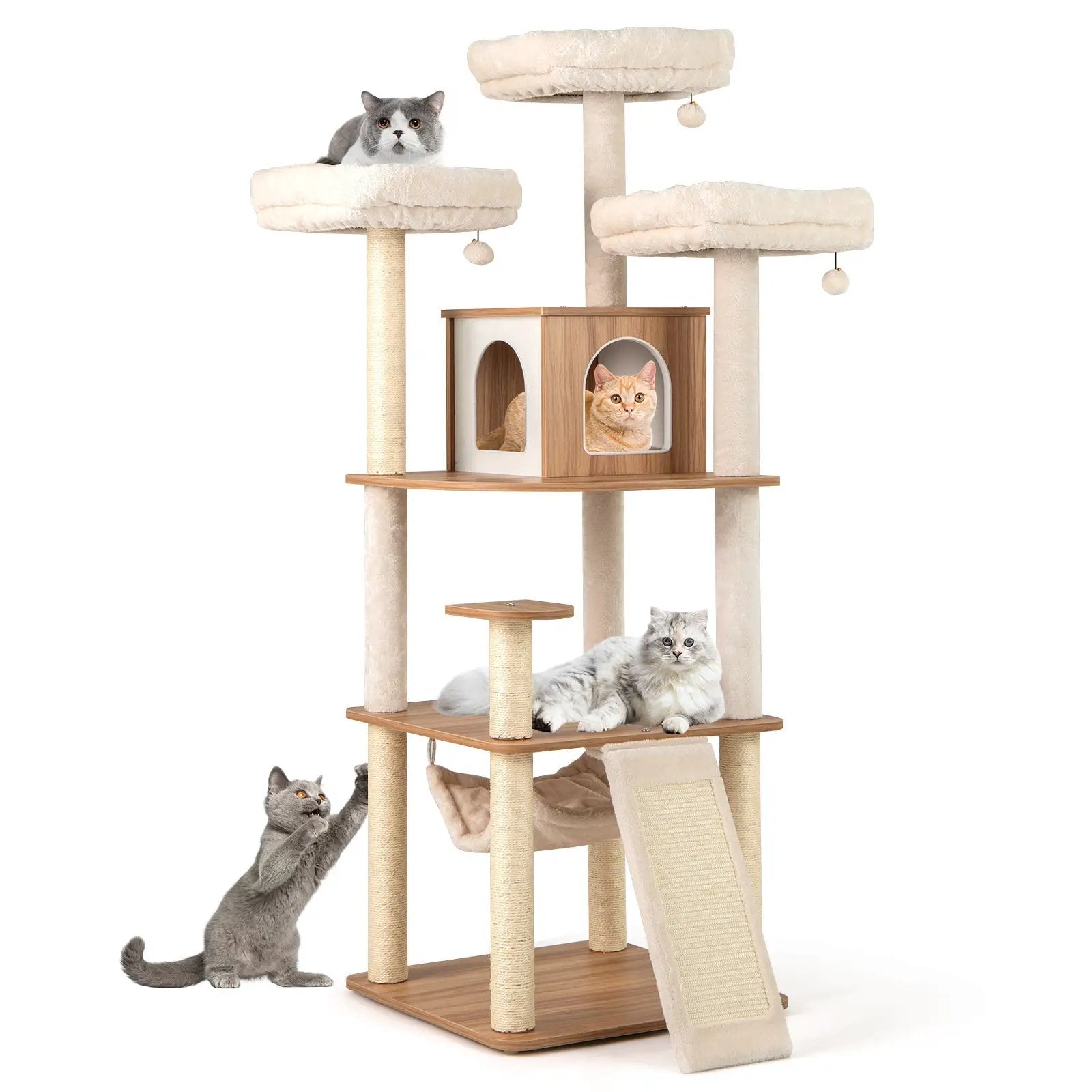68-Inch tall cat tree with 3 padded perches, condo, sisal scratching posts, natural finish