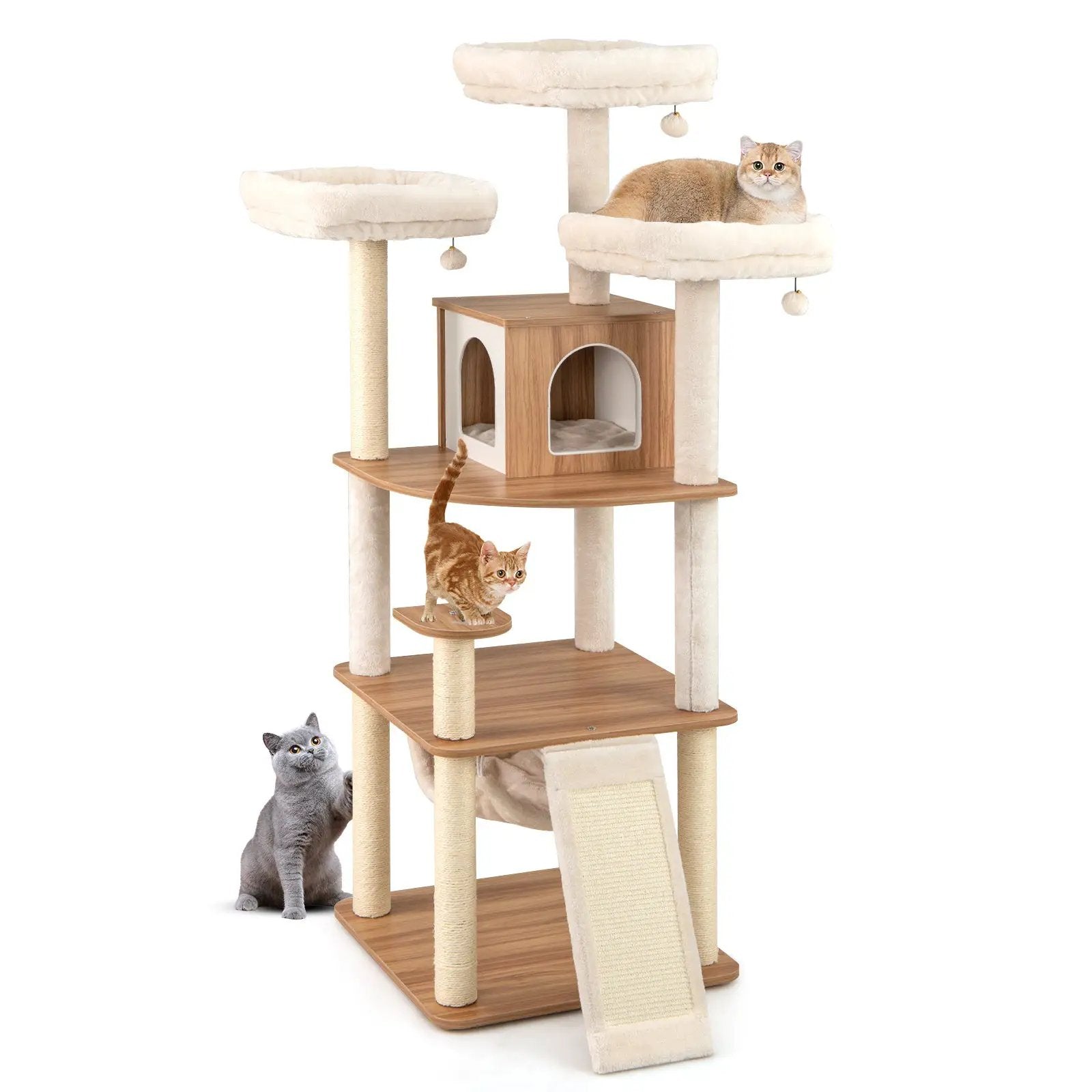 DirectDeals 68-Inch Cat Tree with 3 plush perches, condo, and sisal posts in natural beige.