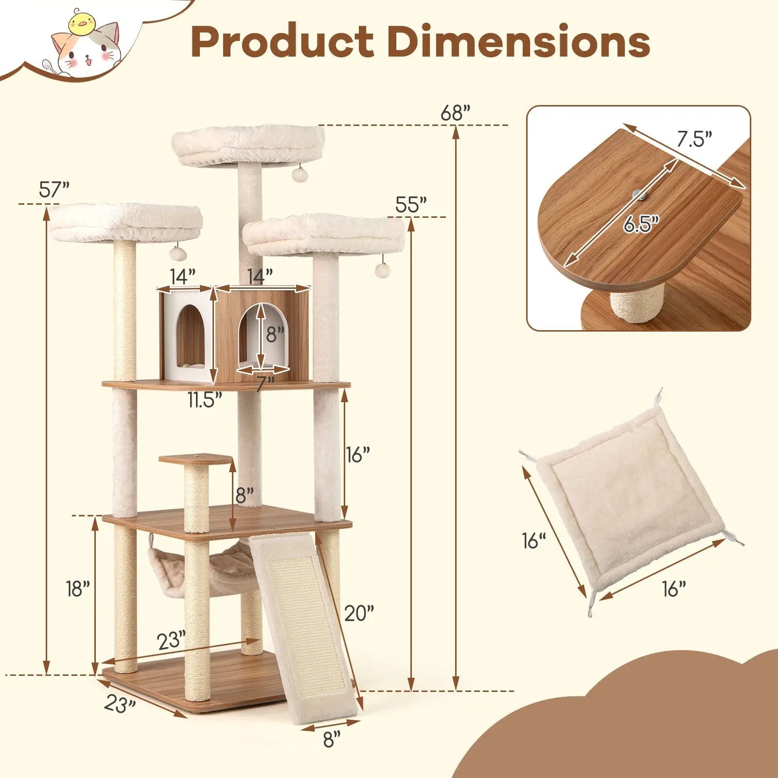 68-Inch tall cat tree with 3 padded perches, condo and sisal posts by DirectDeals, natural