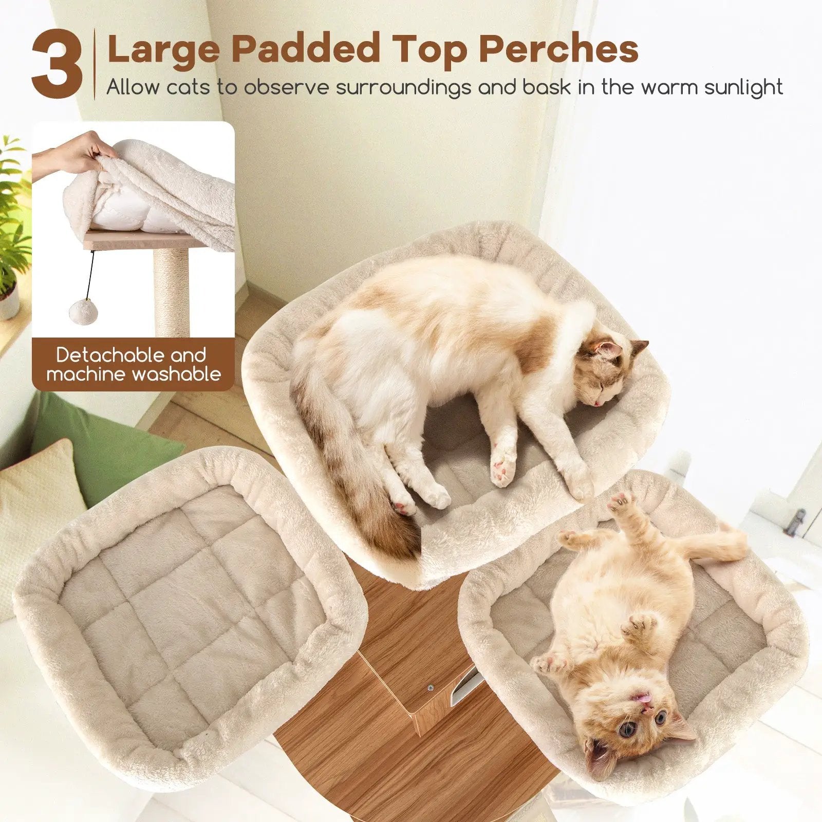 68 Inch Cat Tree with 3 padded top perches, natural beige plush and sisal scratching posts