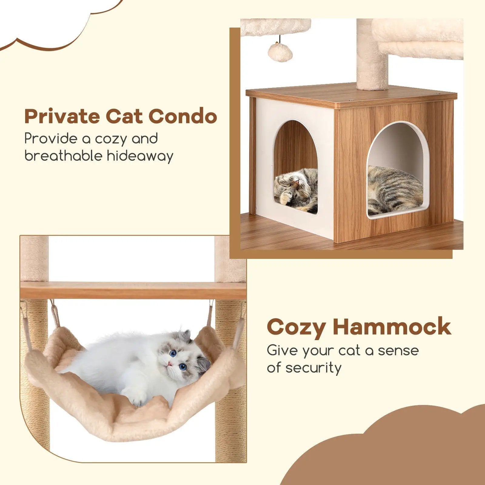 68 Inch Tall Cat Tree by DirectDeals with 3 padded perches, condo, and sisal posts in natural finish.