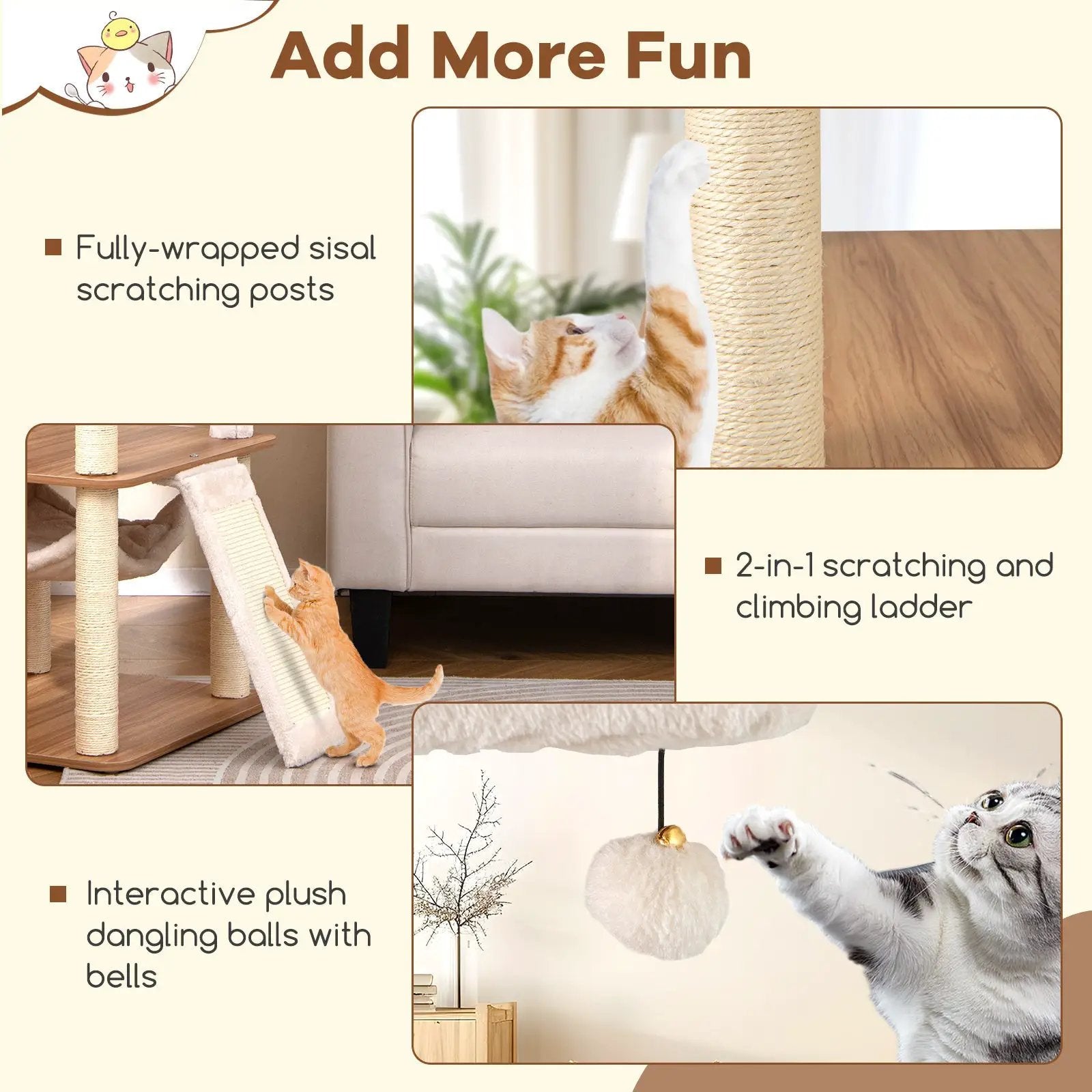 68-Inch tall cat tree by DirectDeals with 3 padded perches and sisal scratching posts, natural finish