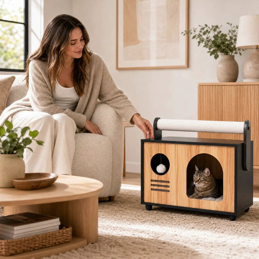 Wooden cat house with scratching post and cushion; natural wood panels, black frame.