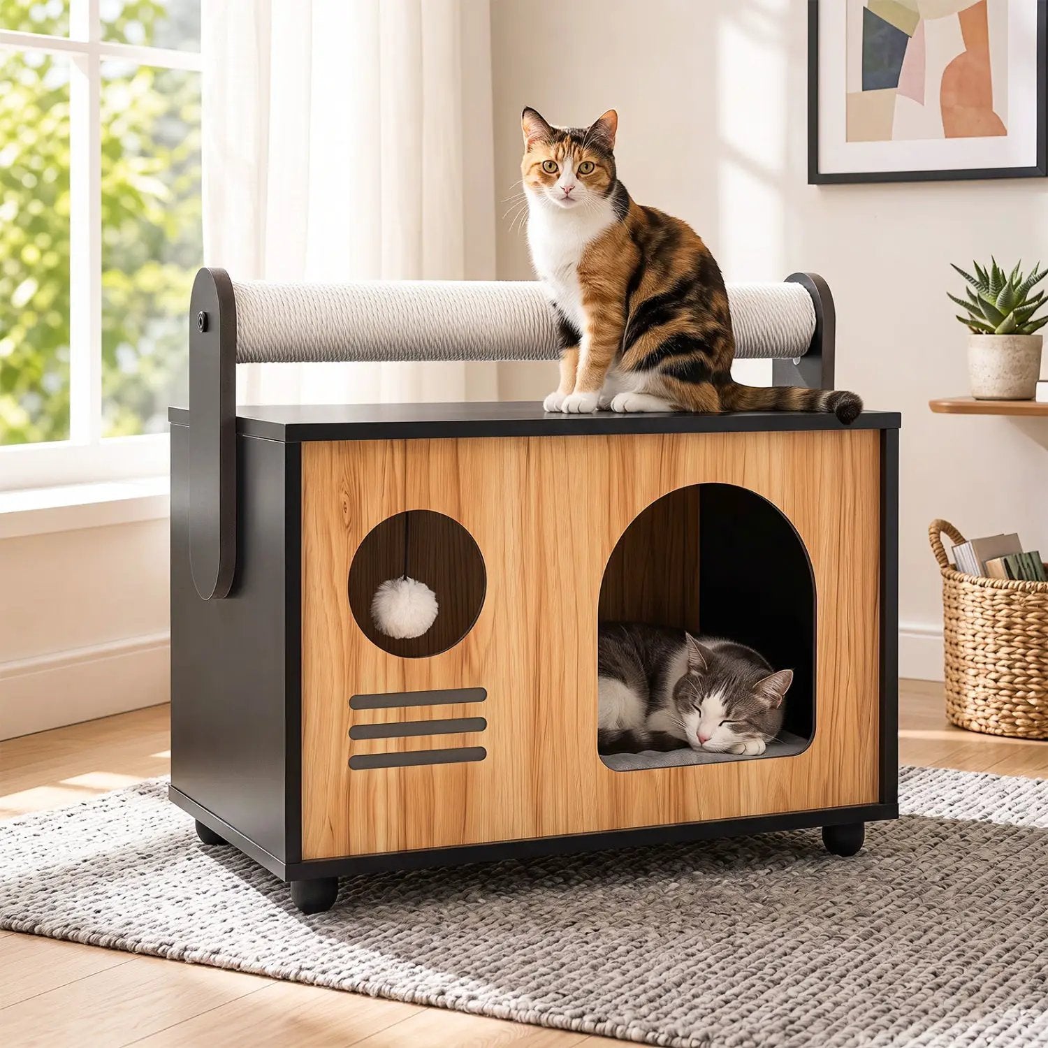 Wooden cat house with scratching post and cushion; black frame, light wood panels, two cats