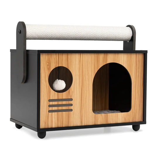 Wooden cat house with scratching post and cushion, DirectDeals, black frame with natural wood panels
