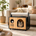 Bild in Galerie-Betrachter laden, Wooden cat house with scratching post and cushion, natural wood panels with black frame and a cat inside.
