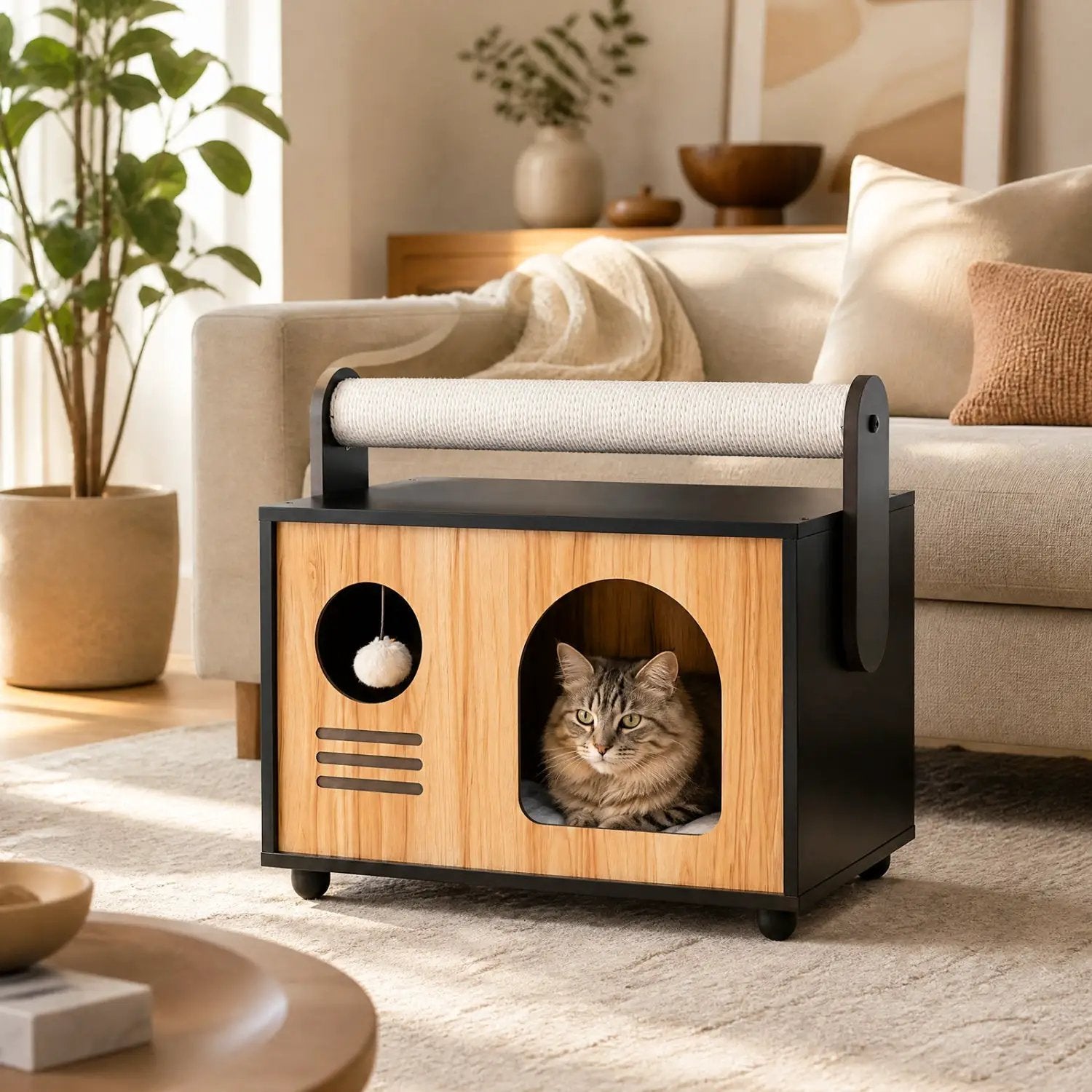 Wooden cat house with scratching post and cushion, natural wood panels with black frame and a cat inside.