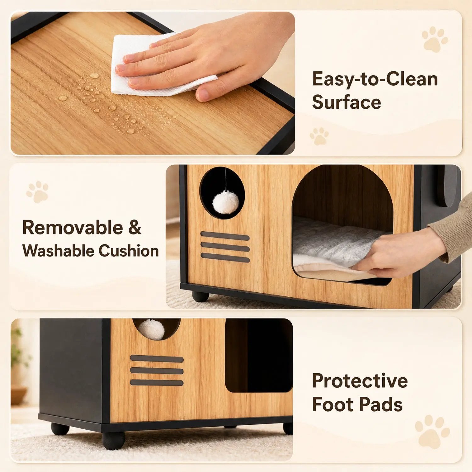 DirectDeals wooden cat house with scratching post and removable & washable cushion, natural wood finish