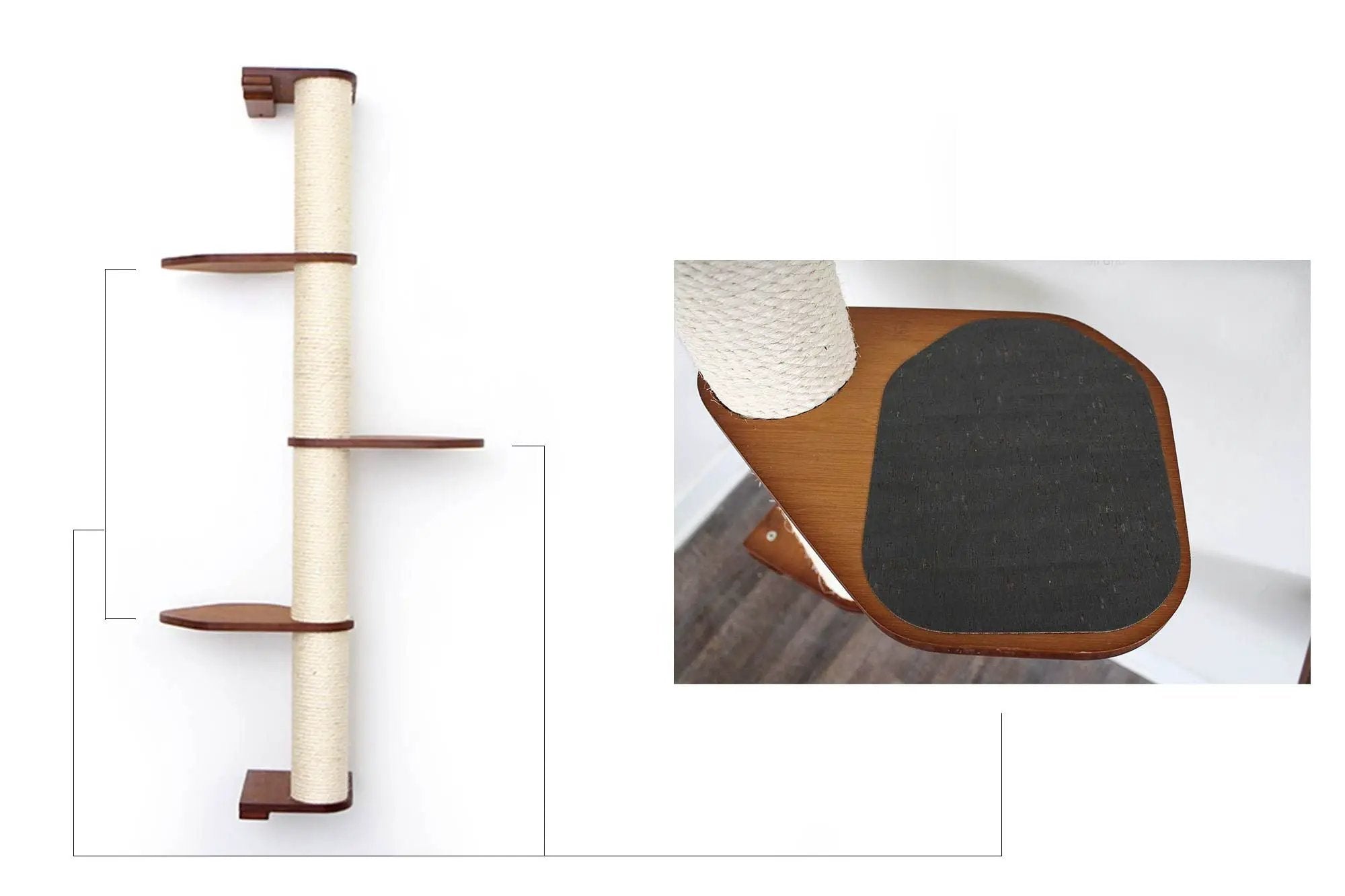 Wall Mounted Cat Climbing Pole with sisal rope; sisal-wrapped post and two wooden shelves