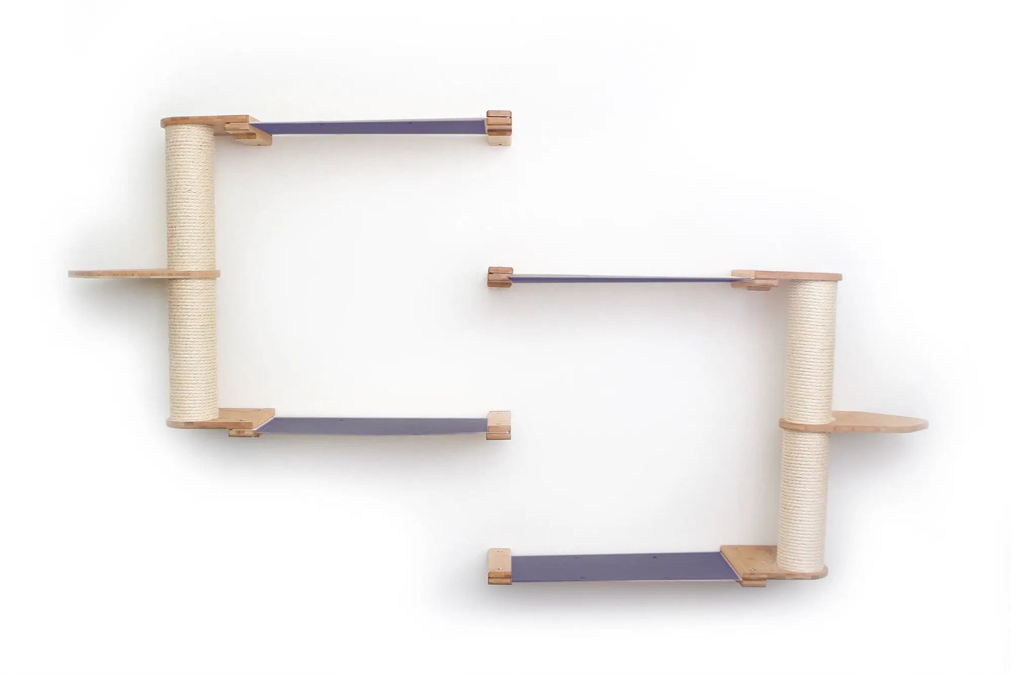 Catacombs Cat Tree Scratching Post System cat condo; purple platforms and rope-wrapped posts by Catastrophic Creations
