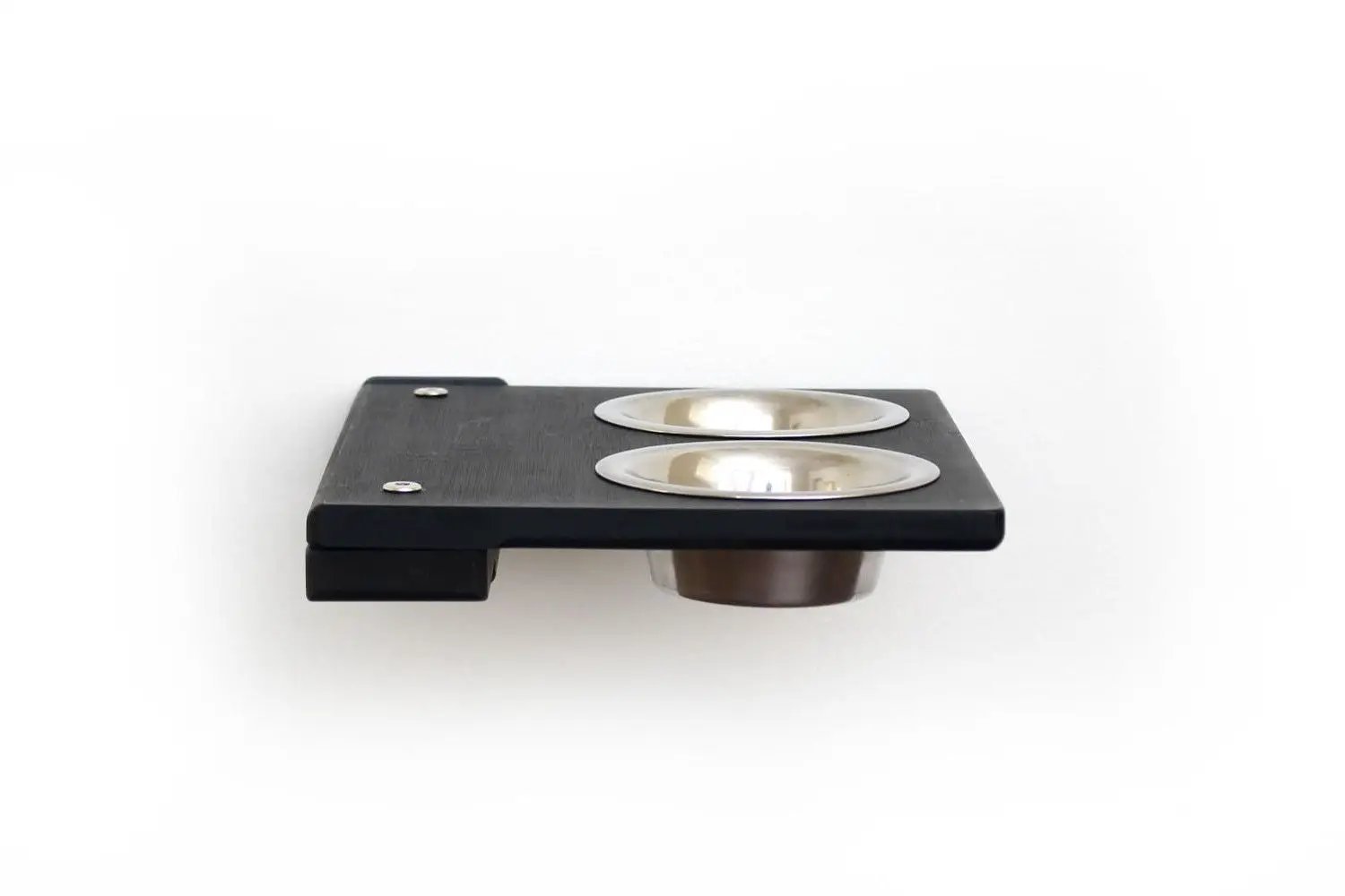Wall Mounted Cat Feeding Shelf with two stainless steel bowls on a black wood panel