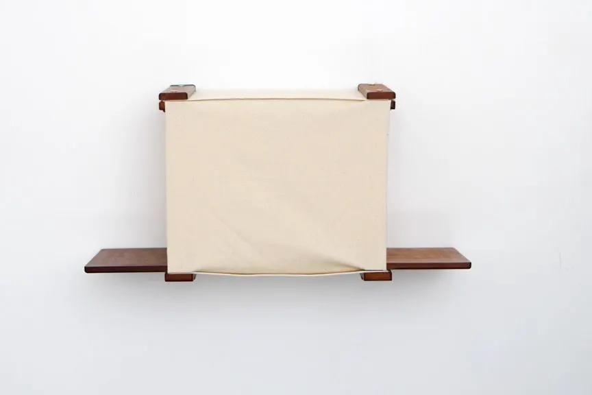 Cat Cubby for Wall - Covered Cat Bed by Catastrophic Creations, beige fabric cube with wooden shelves