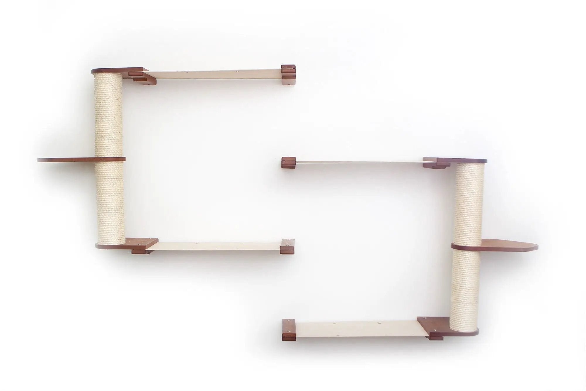 The Catacombs Cat Tree Scratching Post System by Catastrophic Creations; beige sisal posts with brown wood platforms