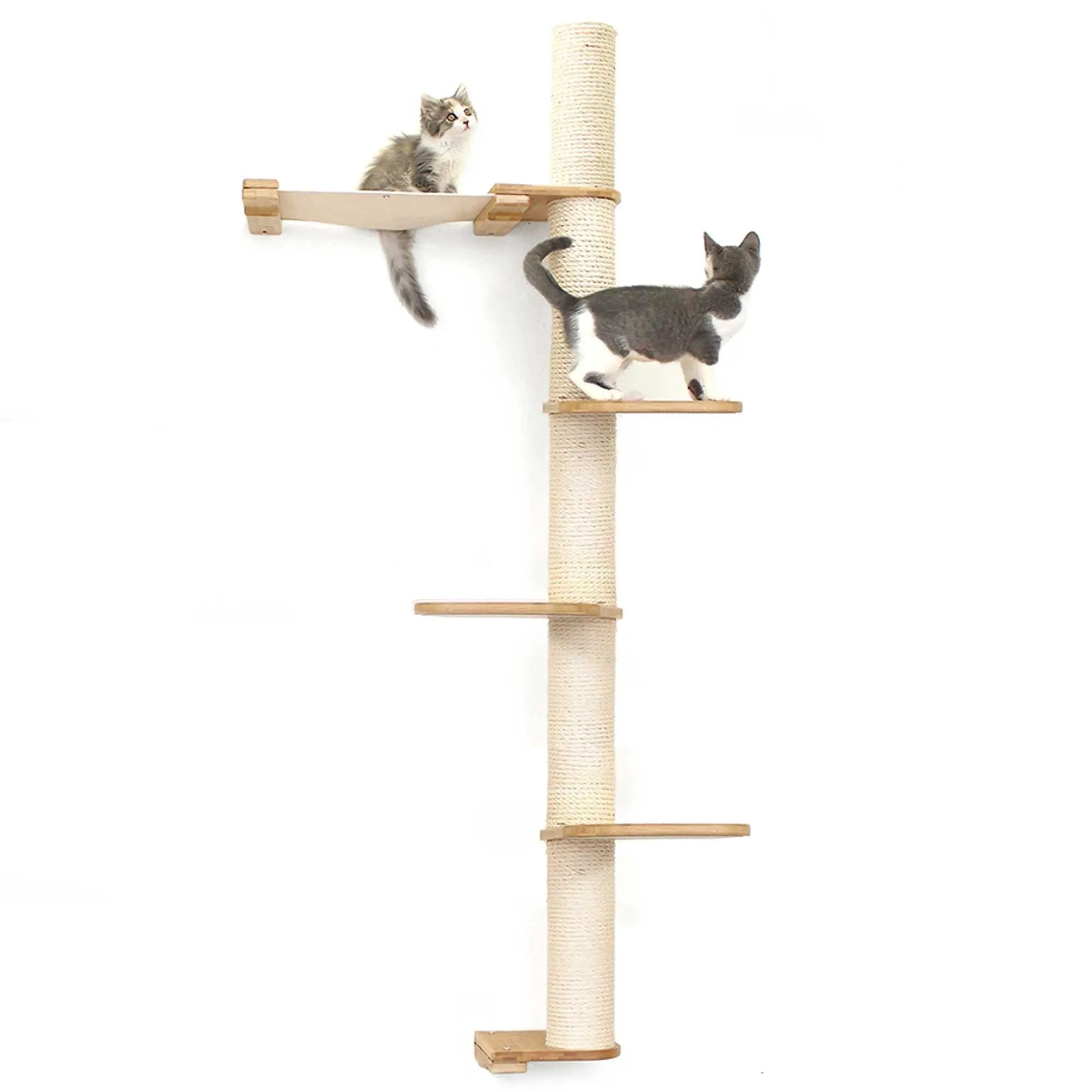 The Crow's Nest wall cat scratcher with hammock by Catastrophic Creations, platforms on sisal post, two cats.
