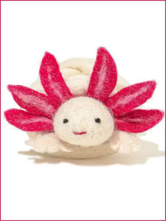 A Little Lotl axolotl wool cat toy, cream body with pink felt frills, Cat in the Box LLC.