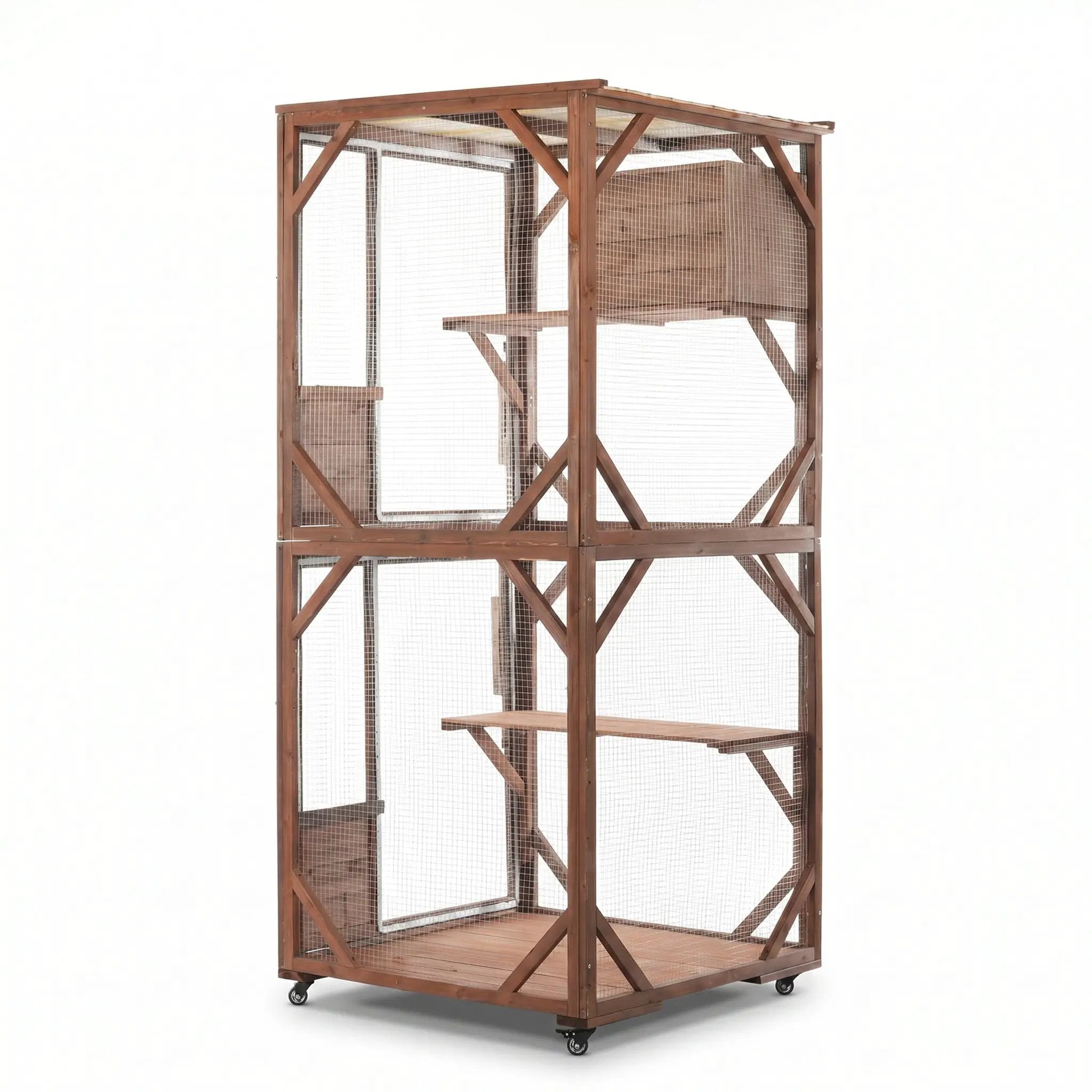 Large 2-tier outdoor cat enclosure in solid fir with wire mesh and lockable wheels.