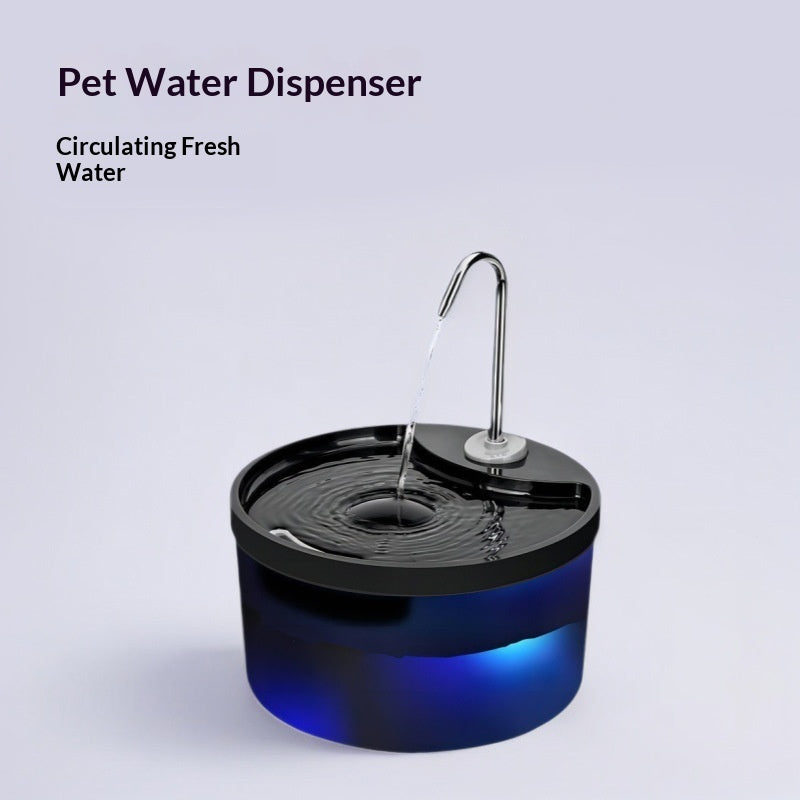 Black round fountain with curved spout and blue-lit reservoir