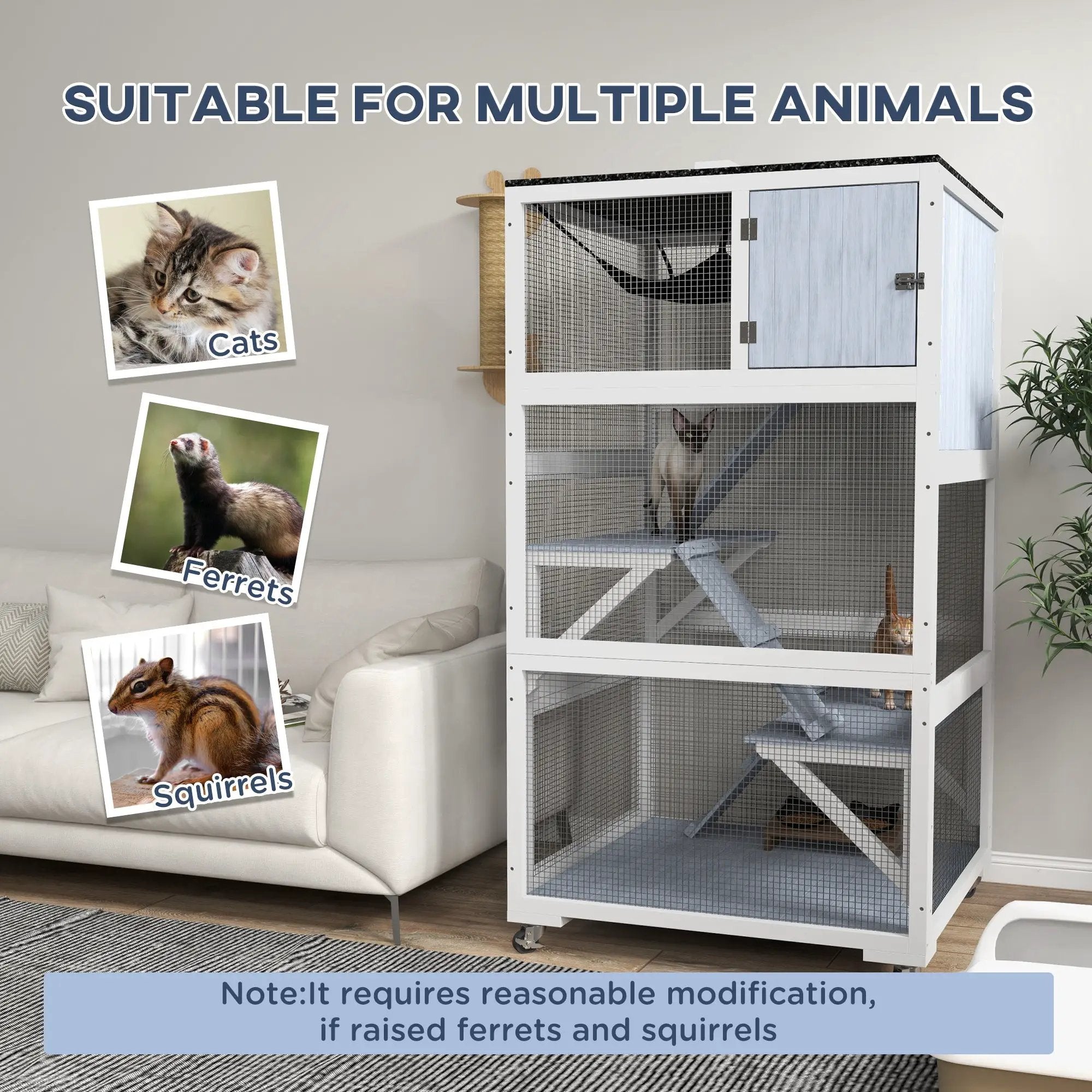 Catio outdoor cat enclosure on wheels in gray with hammock inside and mesh panels