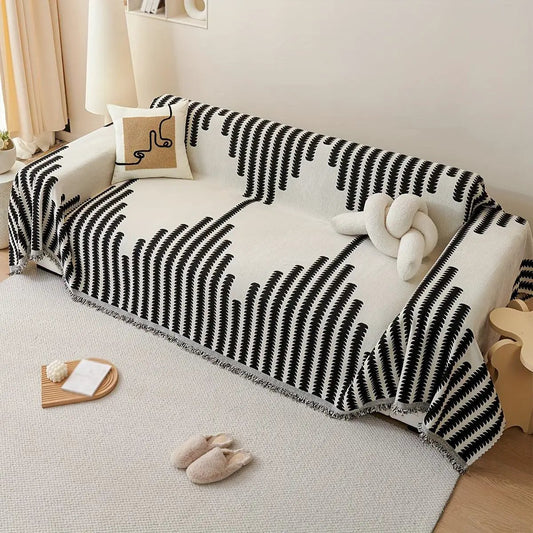 Chenille Fabric Sofa Cover by topspet; white with black fern pattern, non-slip universal protector.