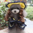 Load image into Gallery viewer, Pet Zen Christmas dog outfit with yellow hat and navy lace dress
