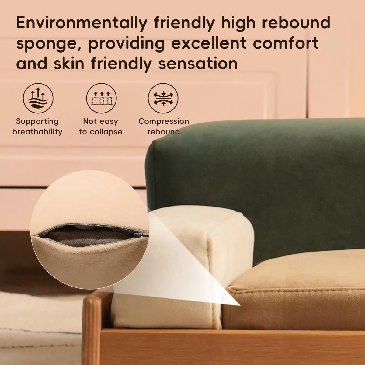 Modern wooden pet bed for cats and dogs; natural wood frame with beige cushions.