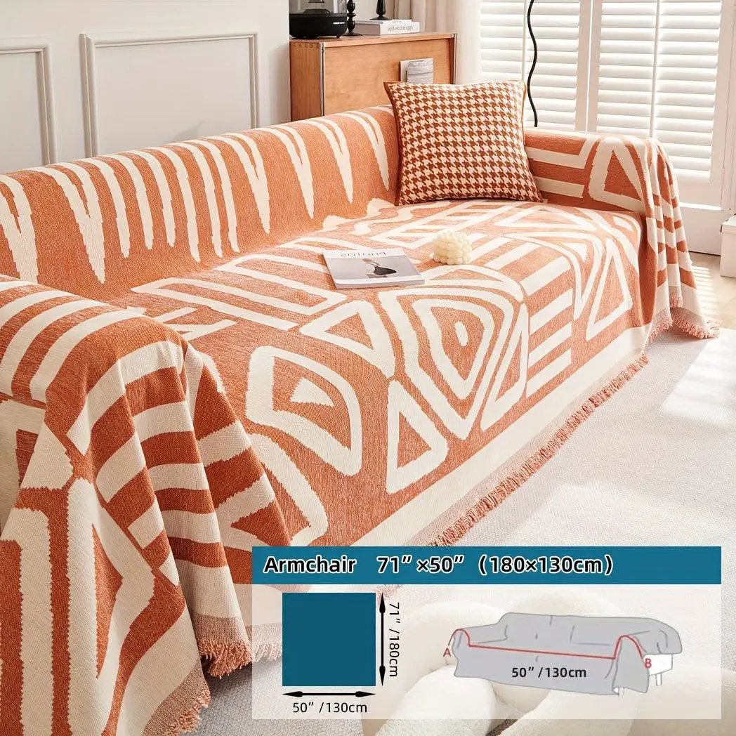 Bohemian-style chenille couch cover, anti-dog-scratch, extra-long sofa cover, orange and cream pattern with fringe